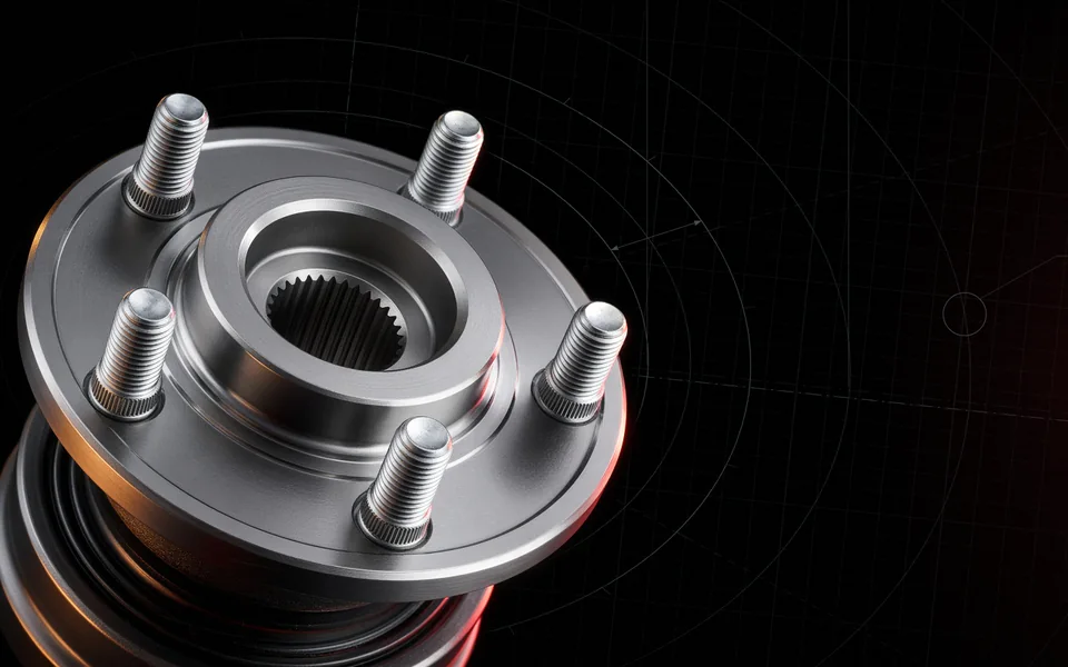 Wheel hub bearing unit with five wheel studs and a splined centre bore, set against a technical drawing